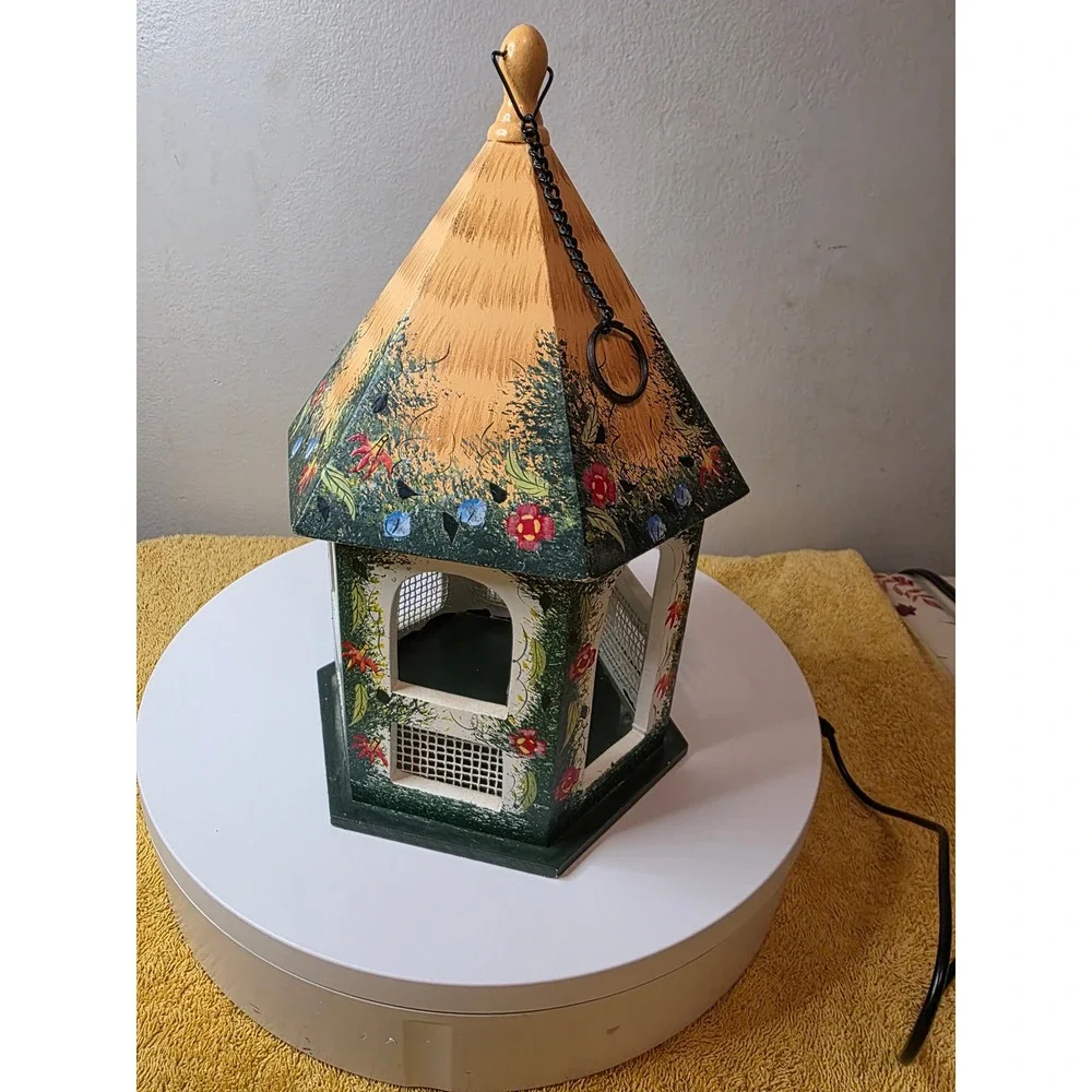 Hand Painted Wooden Birdhouse Floral Cottage Garden Decor Hexagon Hanging 12in